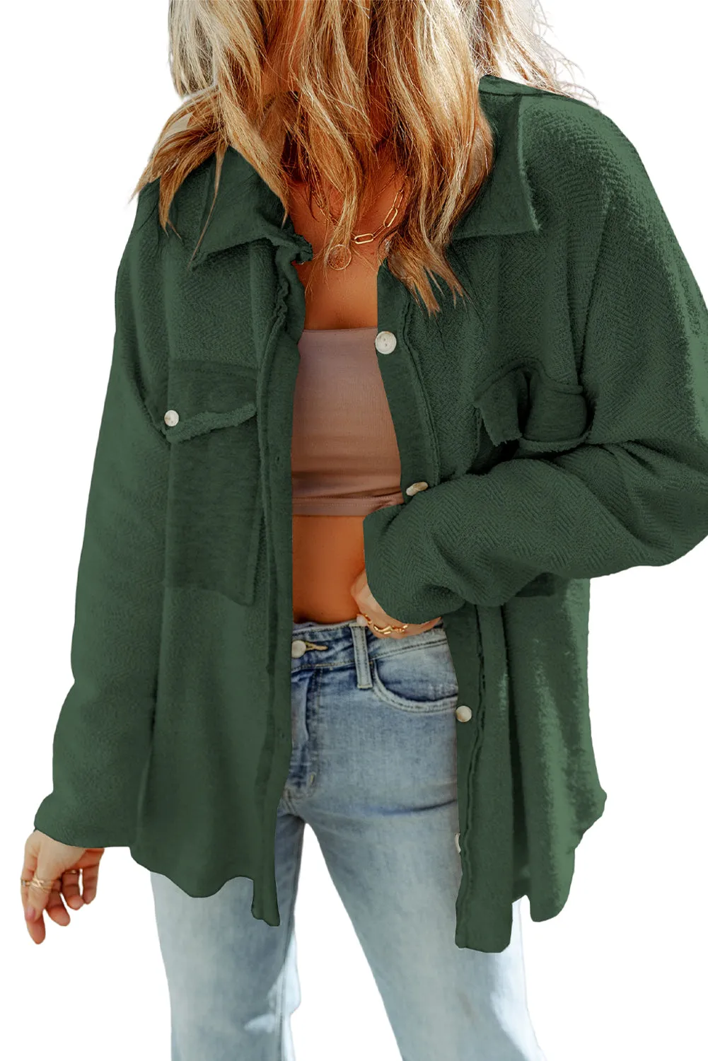 Contrast Flap Pockets Green Relaxed Shacket