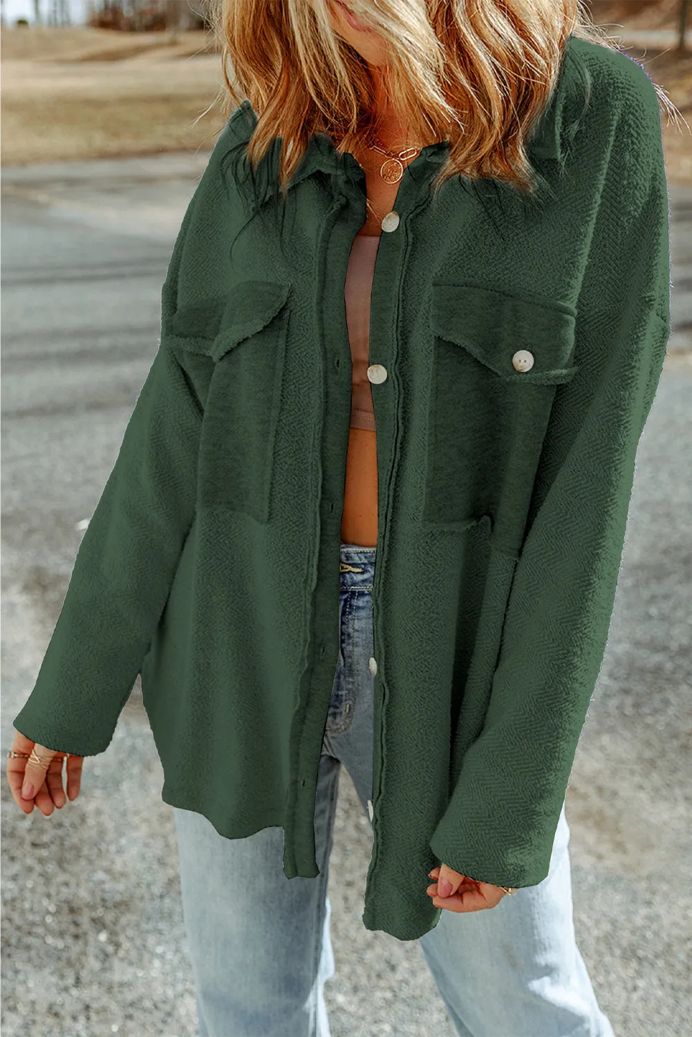 Contrast Flap Pockets Green Relaxed Shacket