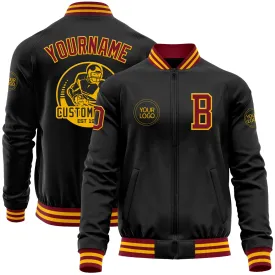 Custom Black Crimson-Gold Bomber Varsity Letterman Zipper Jacket