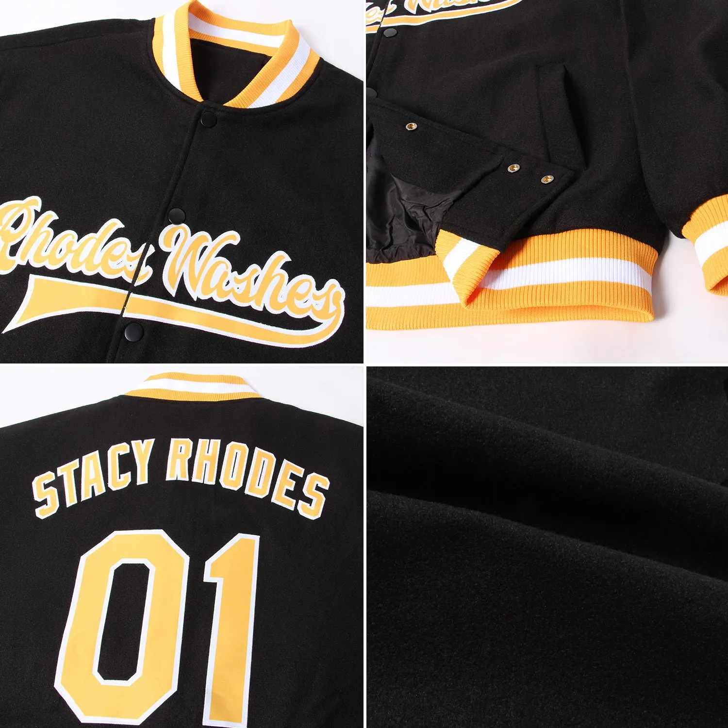 Custom Black Gold-White Bomber Full-Snap Varsity Letterman Jacket