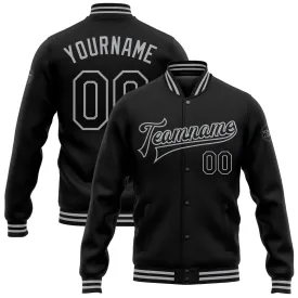 Custom Black Gray Bomber Full-Snap Varsity Letterman Jacket