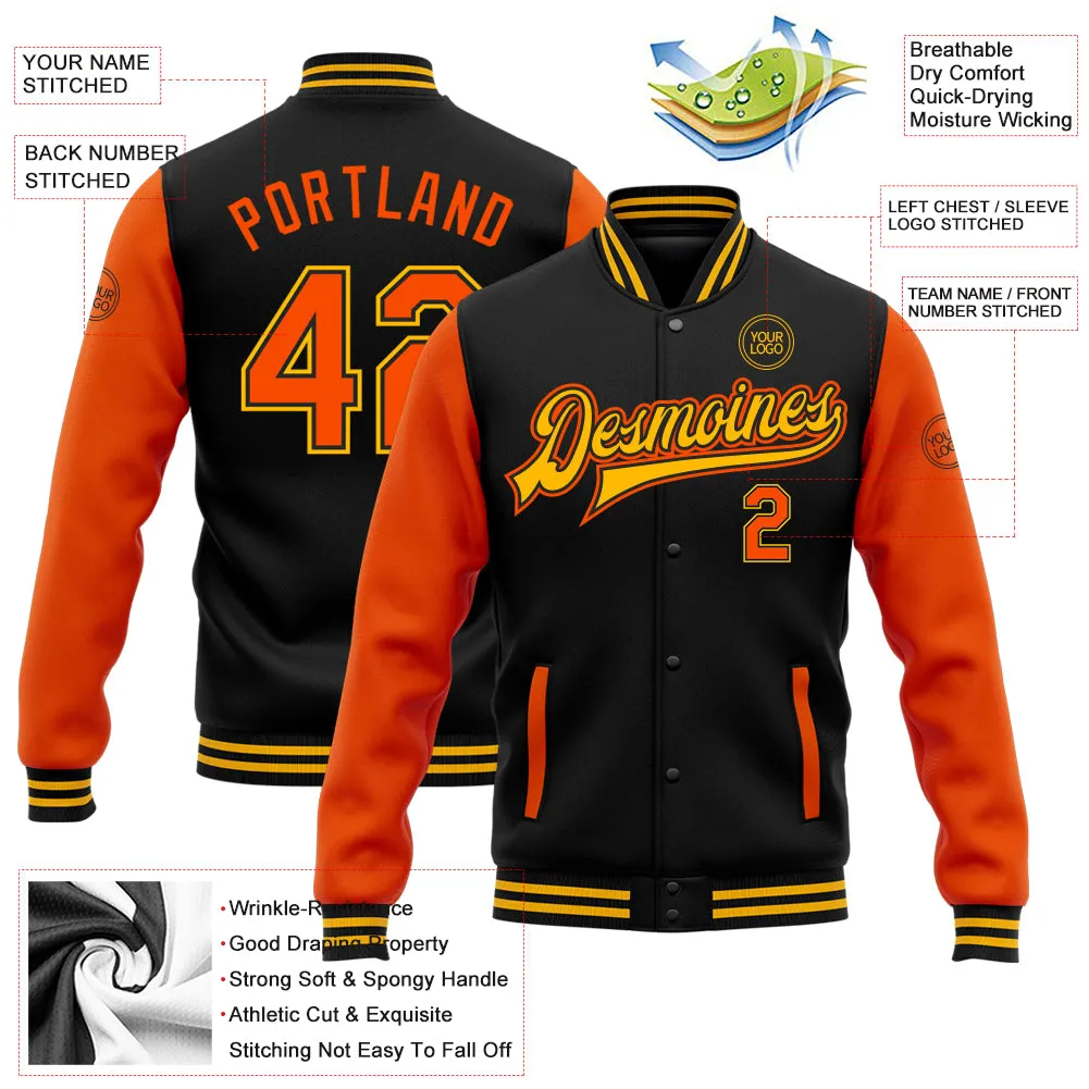 Custom Black Orange-Gold Bomber Full-Snap Varsity Letterman Two Tone Jacket