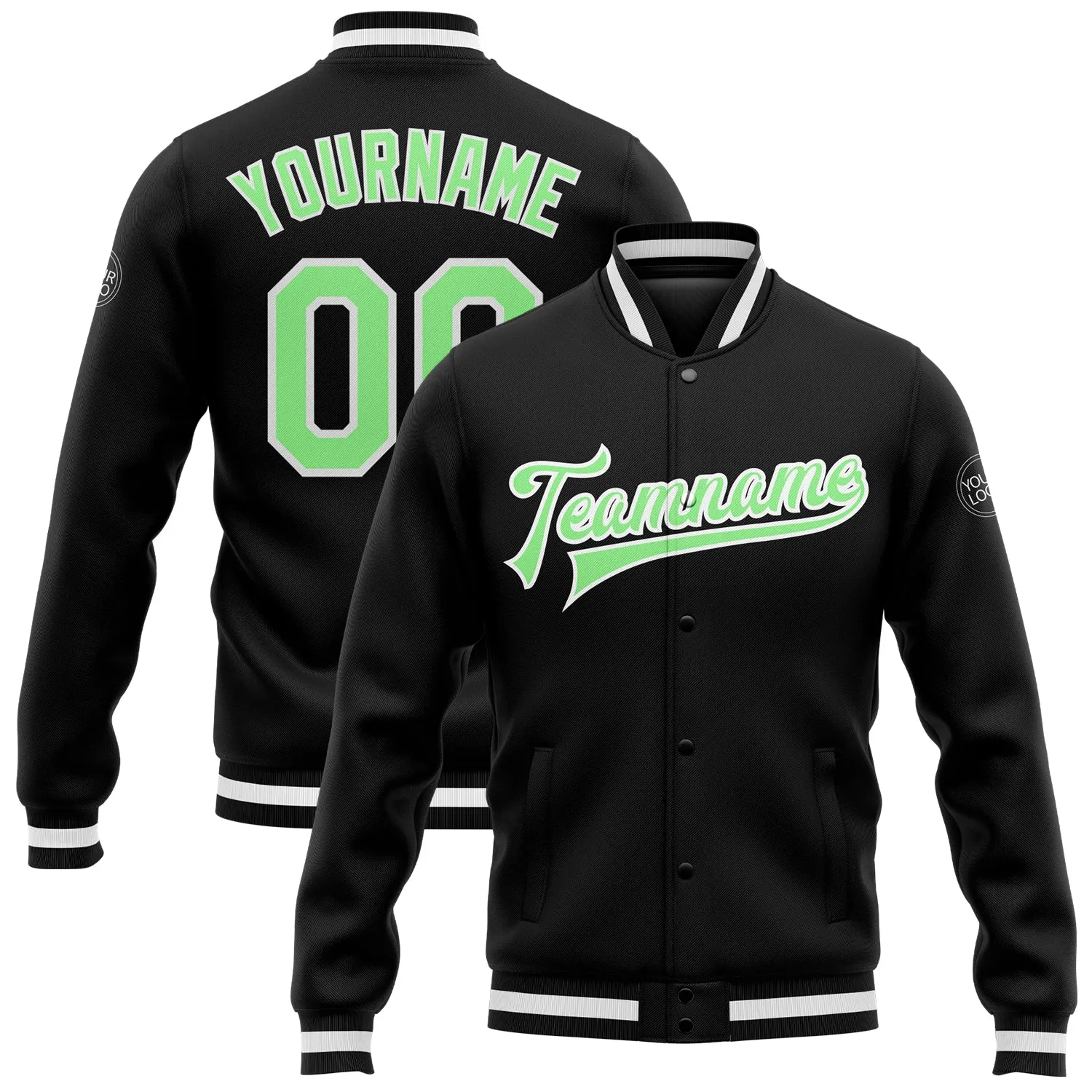 Custom Black Pea Green-White Bomber Full-Snap Varsity Letterman Jacket