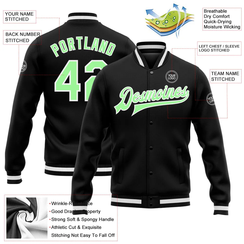 Custom Black Pea Green-White Bomber Full-Snap Varsity Letterman Jacket