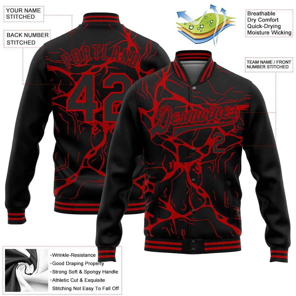 Custom Black Red Abstract Network 3D Pattern Design Bomber Full-Snap Varsity Letterman Jacket