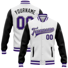 Custom White Purple-Black Bomber Full-Snap Varsity Letterman Two Tone Jacket