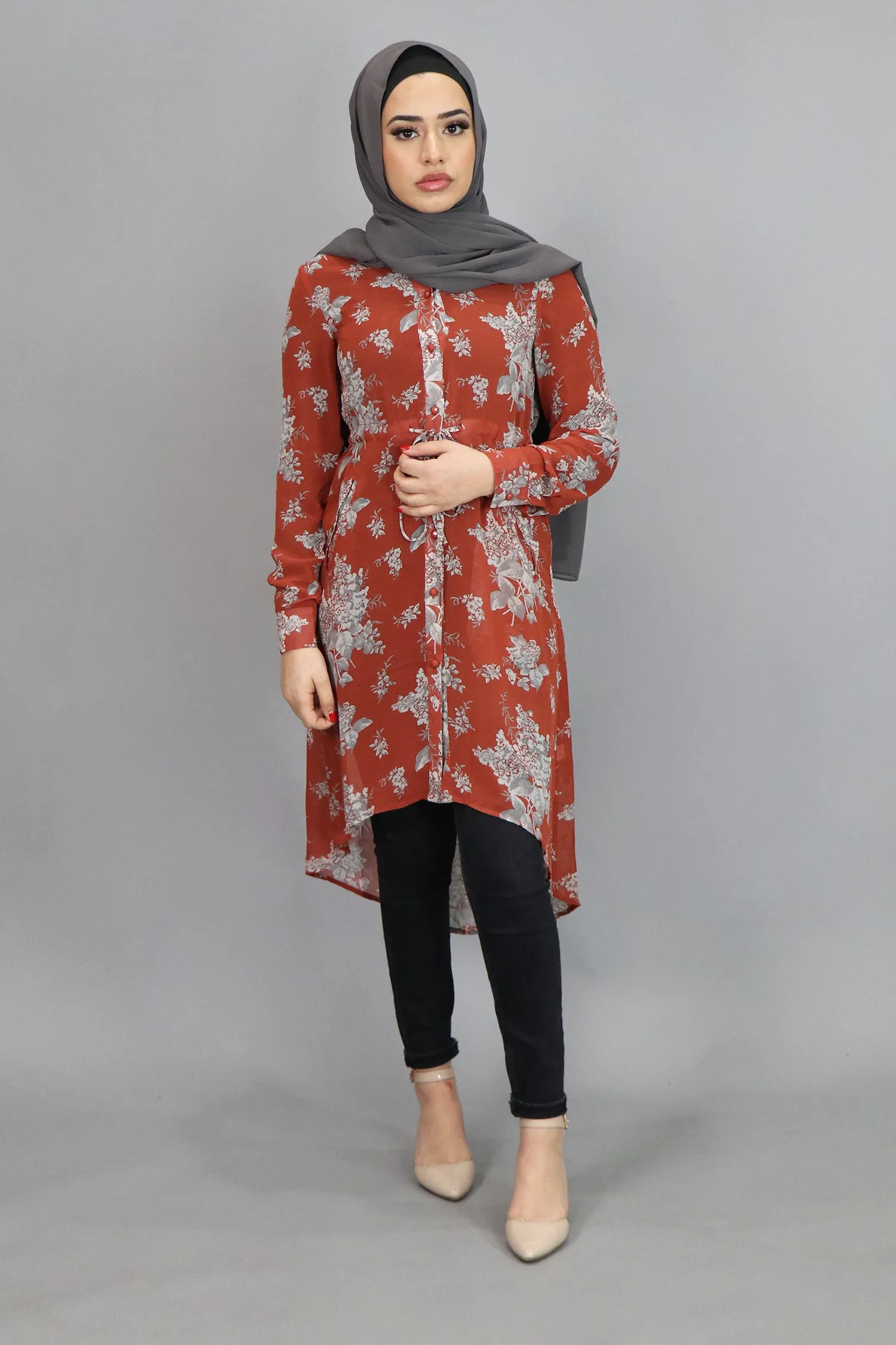 Dark Orange Floral Buttoned-Down Tunic