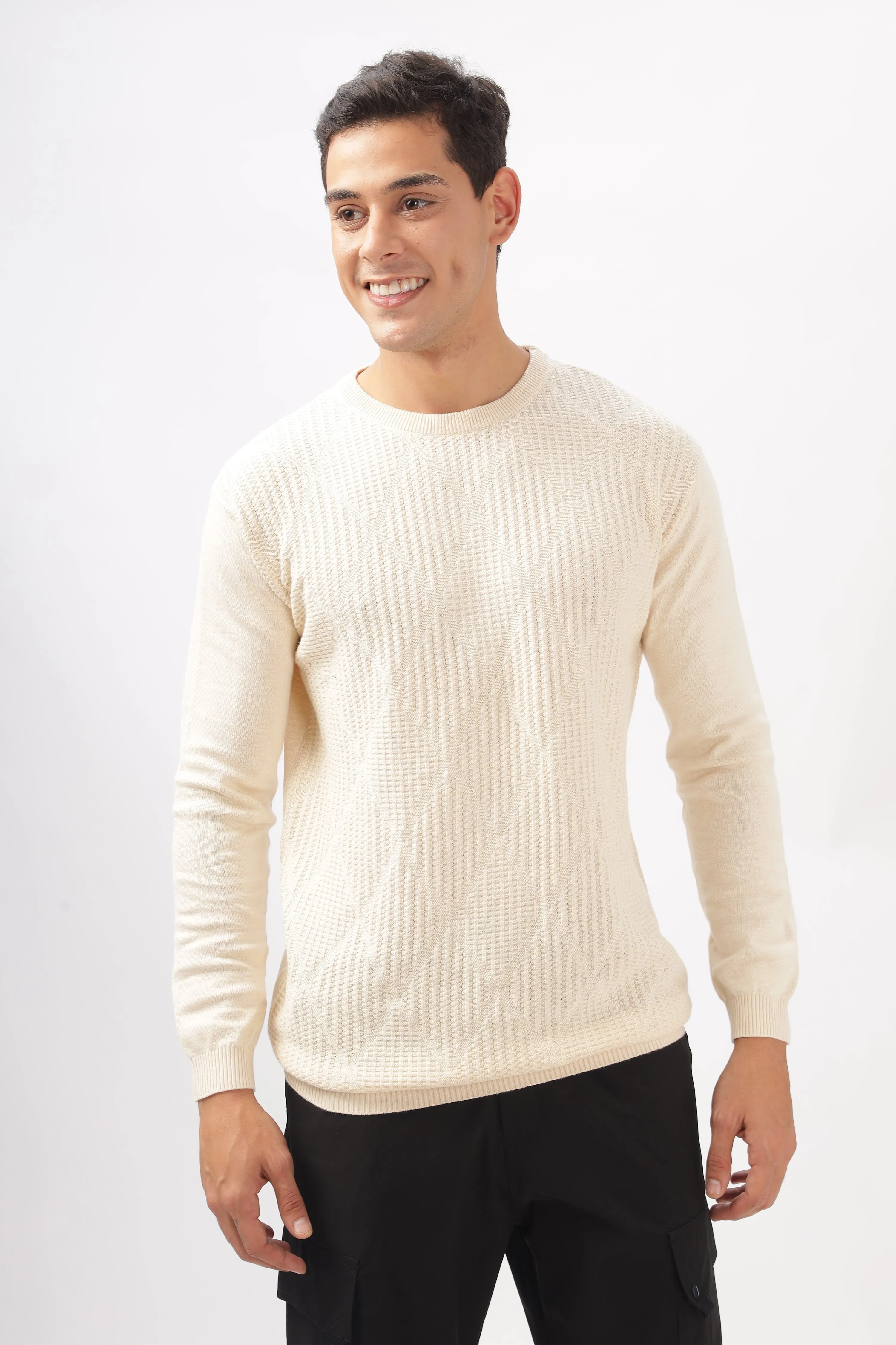 Diamond Knitted Cream Full-Sleeve T-Shirt