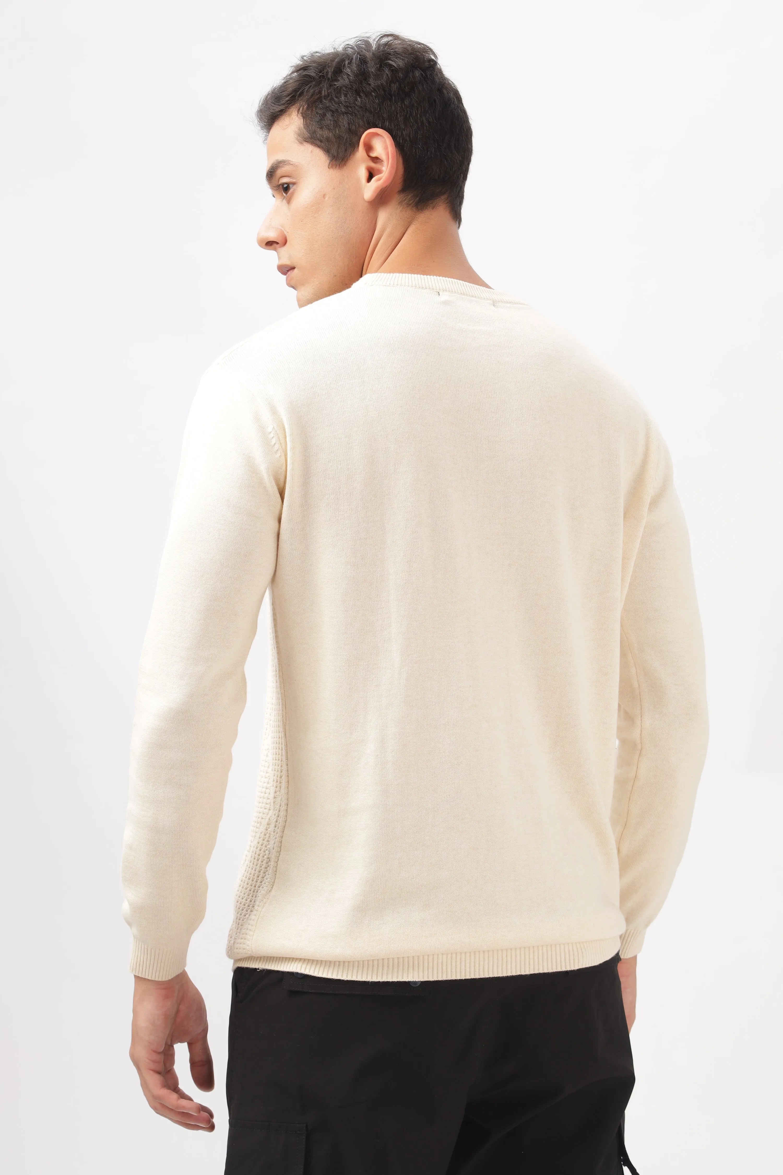 Diamond Knitted Cream Full-Sleeve T-Shirt