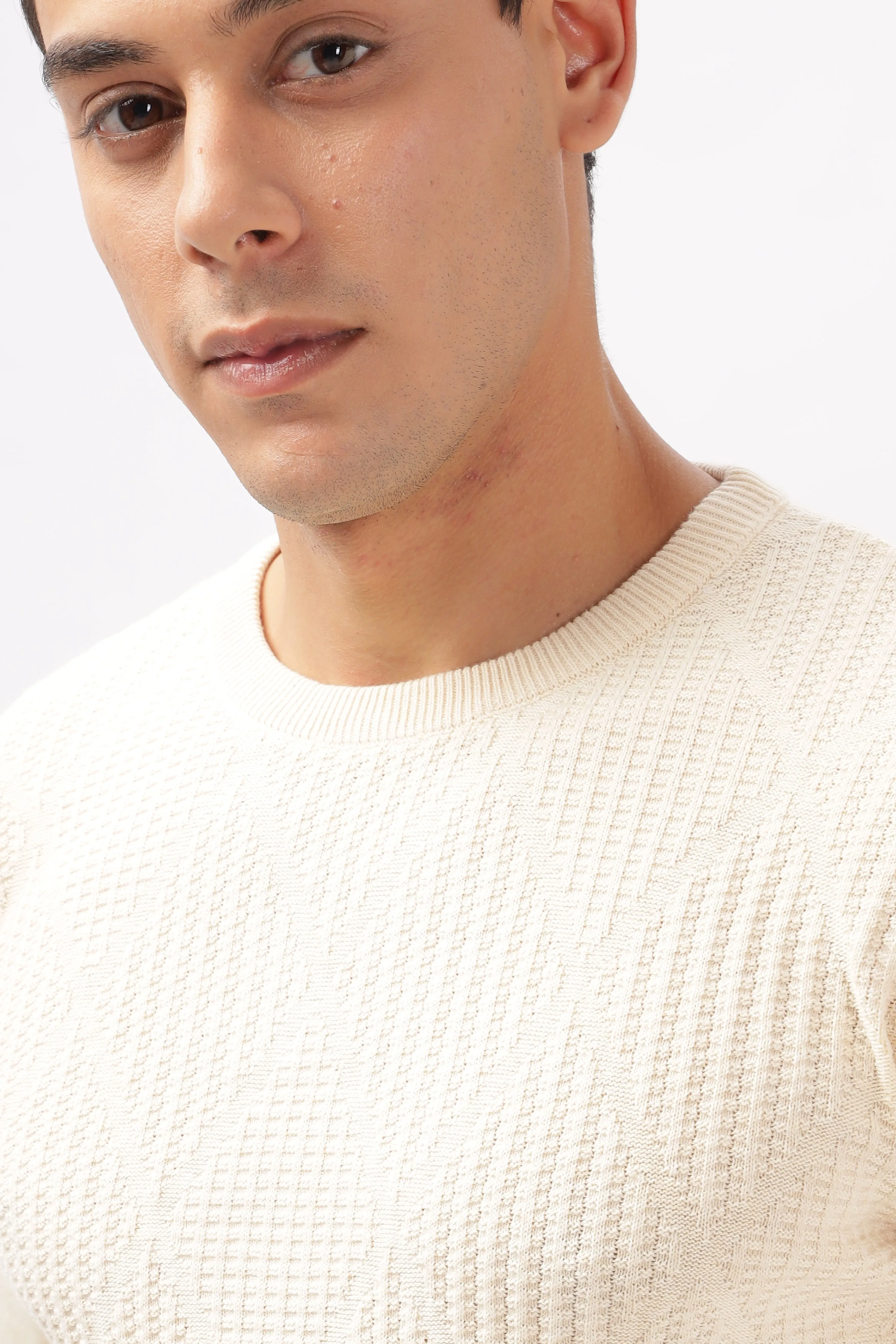 Diamond Knitted Cream Full-Sleeve T-Shirt