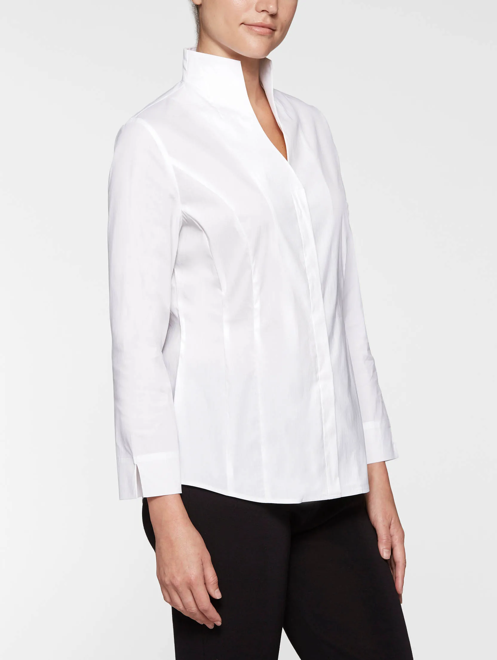 Hi-Neck Stretch Cotton Blouse, White