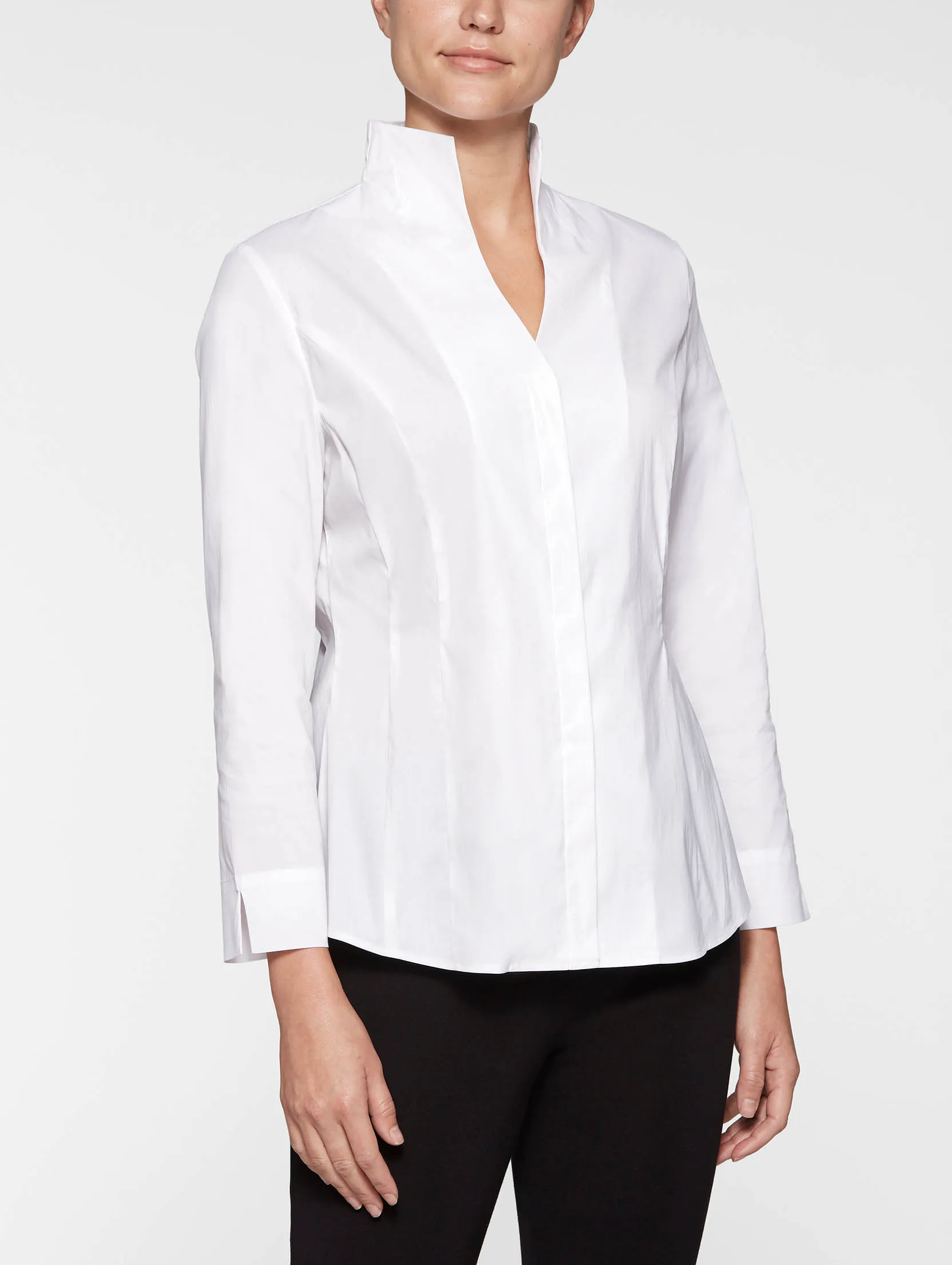 Hi-Neck Stretch Cotton Blouse, White