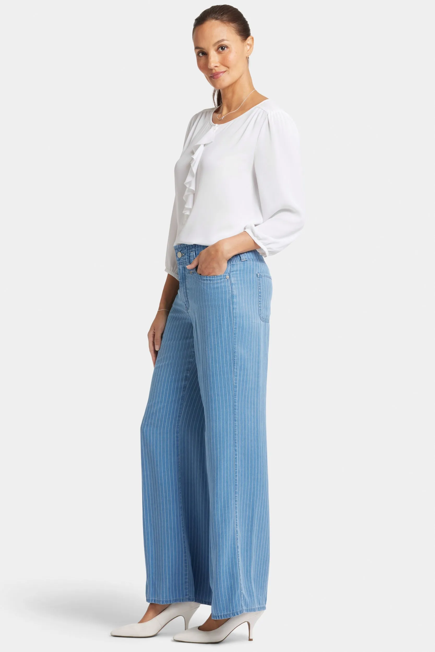 High Rise Teresa Wide Leg Jeans Lichtblauw Gestreept Premium Denim | Light Marine Stripe