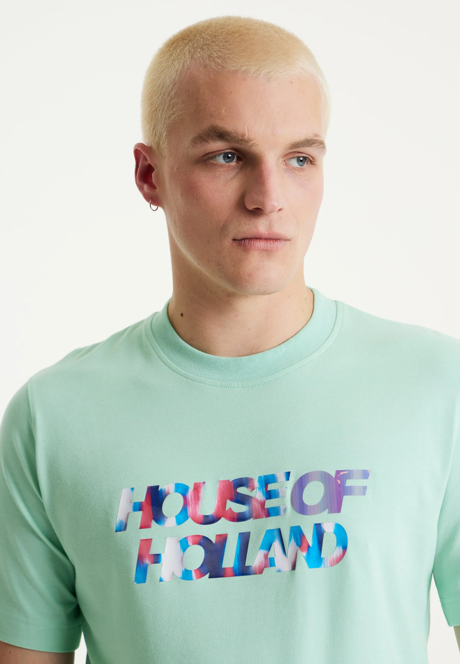 House Of Holland Iridescent Transfer Printed T-Shirt in Egg Blue