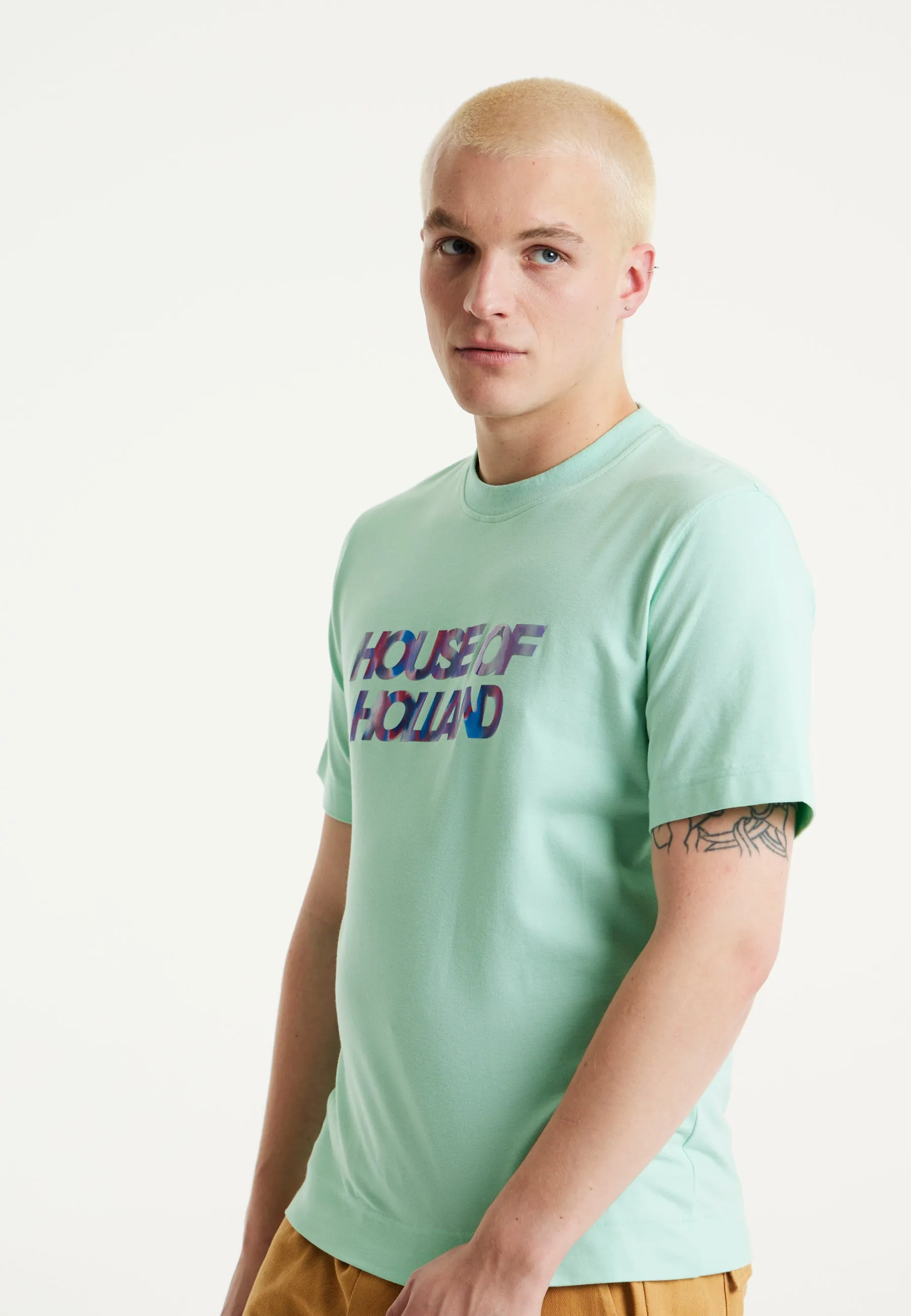 House Of Holland Iridescent Transfer Printed T-Shirt in Egg Blue