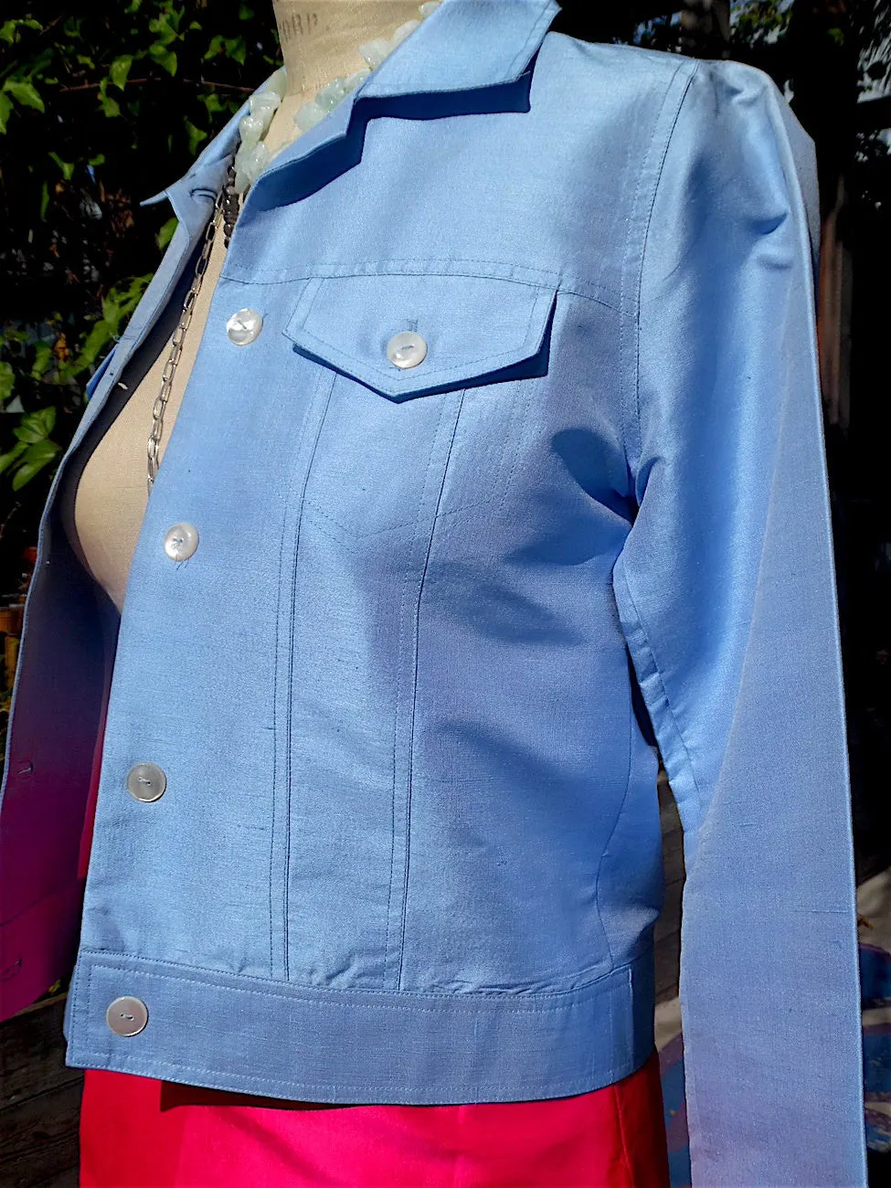 Jean Jacket Thai Silk And Mother Of Pearl Baby Blue Ivory