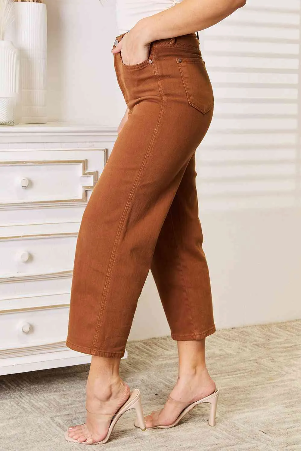 Judy Blue Tummy Control Garment Dyed Wide Crop in Caramel