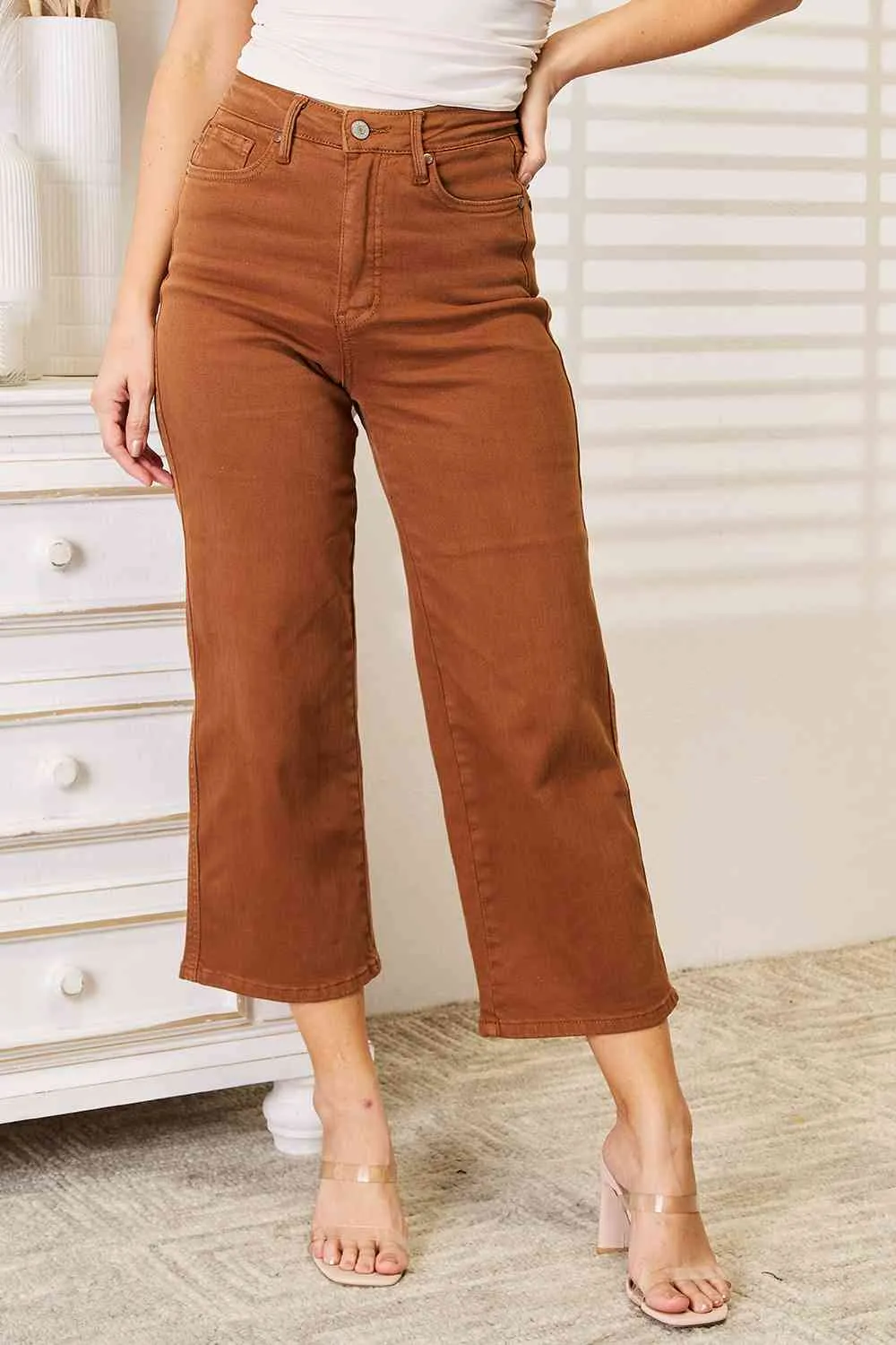 Judy Blue Tummy Control Garment Dyed Wide Crop in Caramel