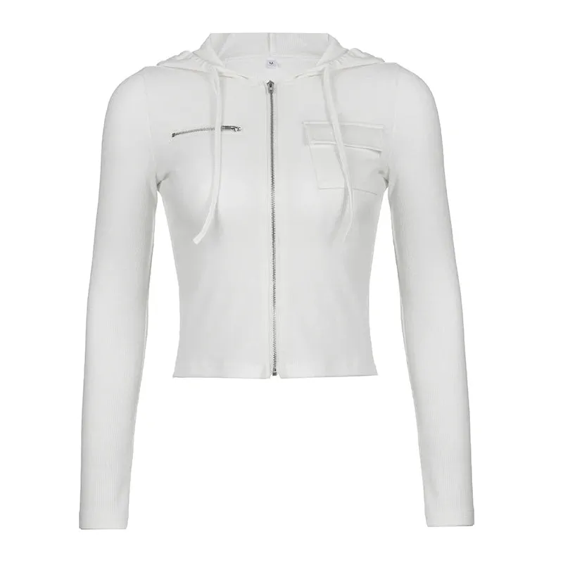 Korean Style White Knitted Hooded Women's Jacket Casual Zipper Pockets Spring Autumn Coat Slim Outwear Moto Bikercore