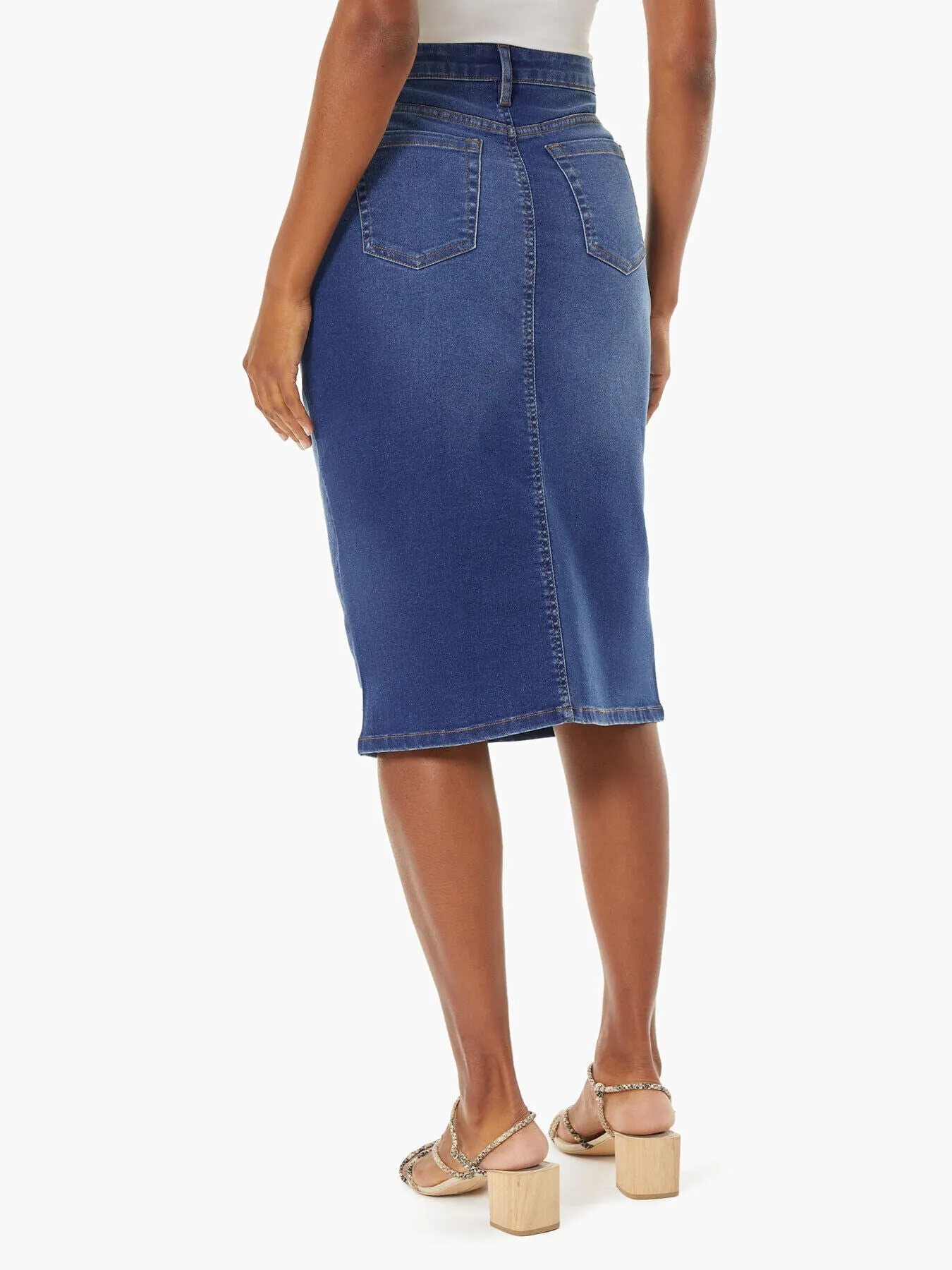 Lexington Fly-Front Midi-Length Denim Skirt, Sky Wash