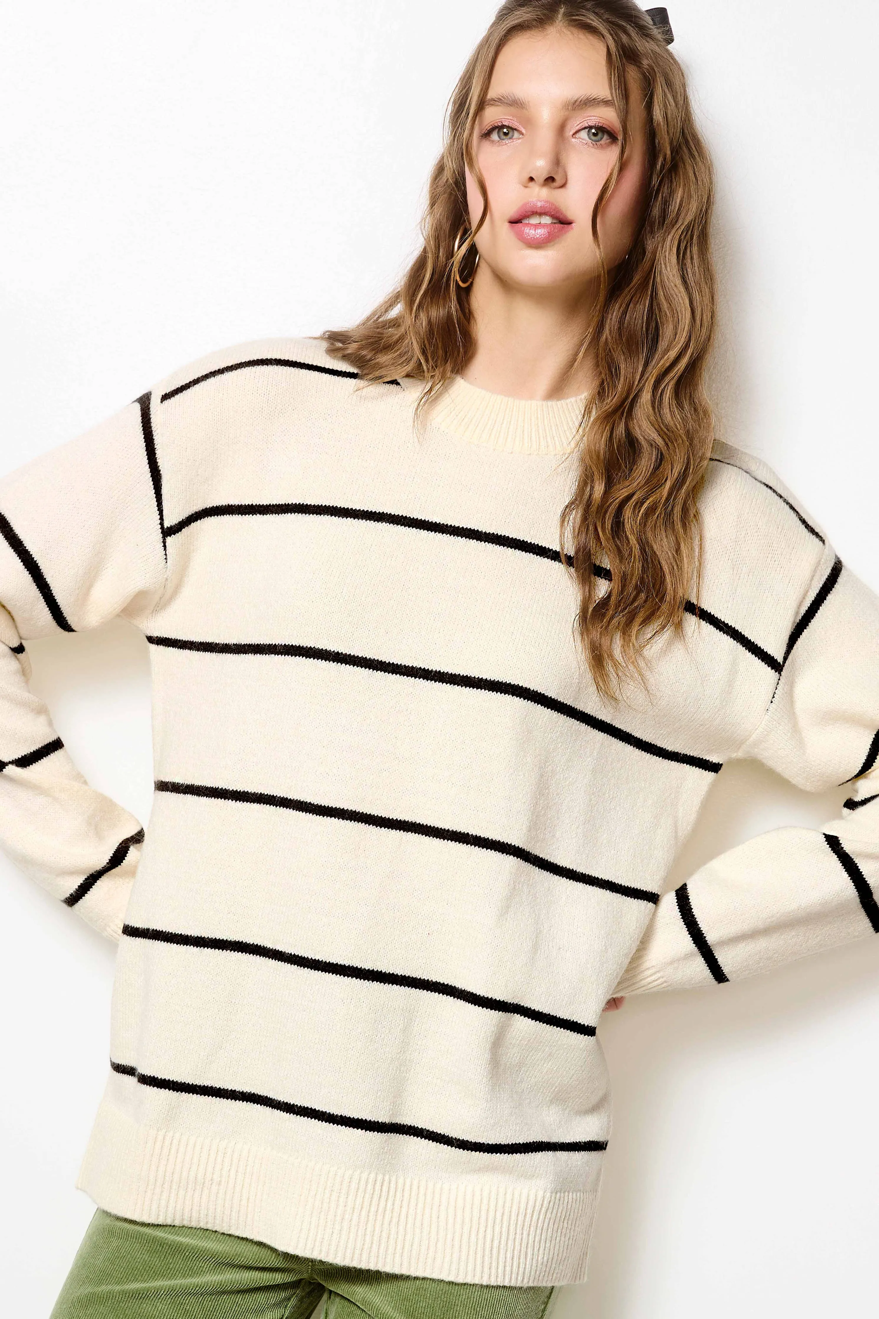 Loose Fit Stripe Long Sleeve Crewneck Sweater