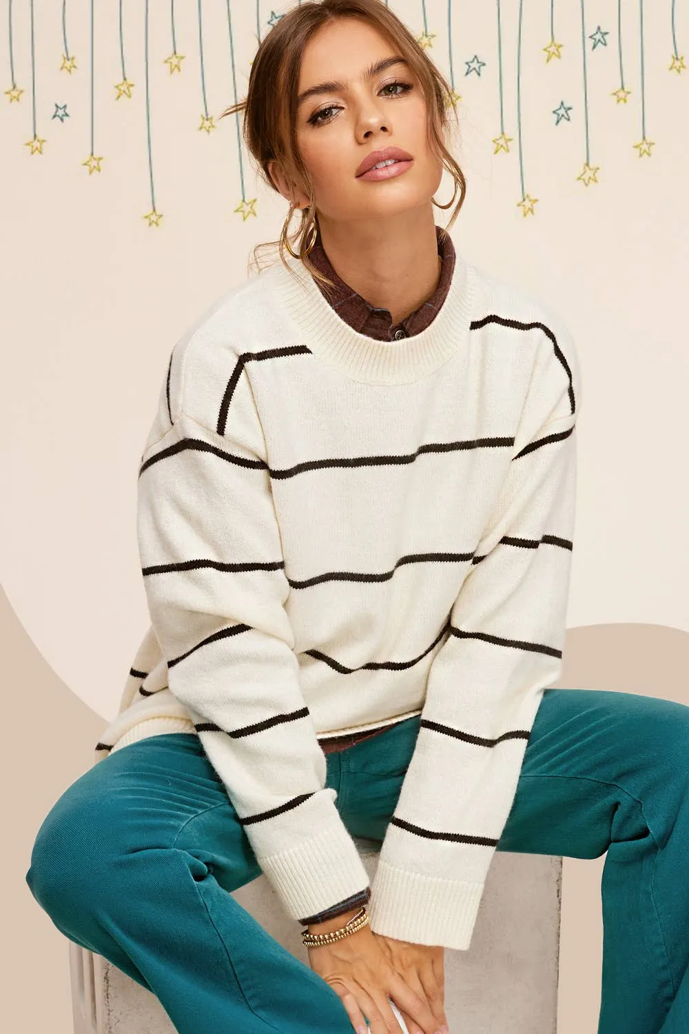 Loose Fit Stripe Long Sleeve Crewneck Sweater