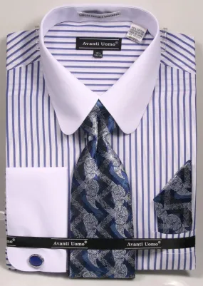 Men's Blue PinStripe Shirt Set with white Rounded Collar