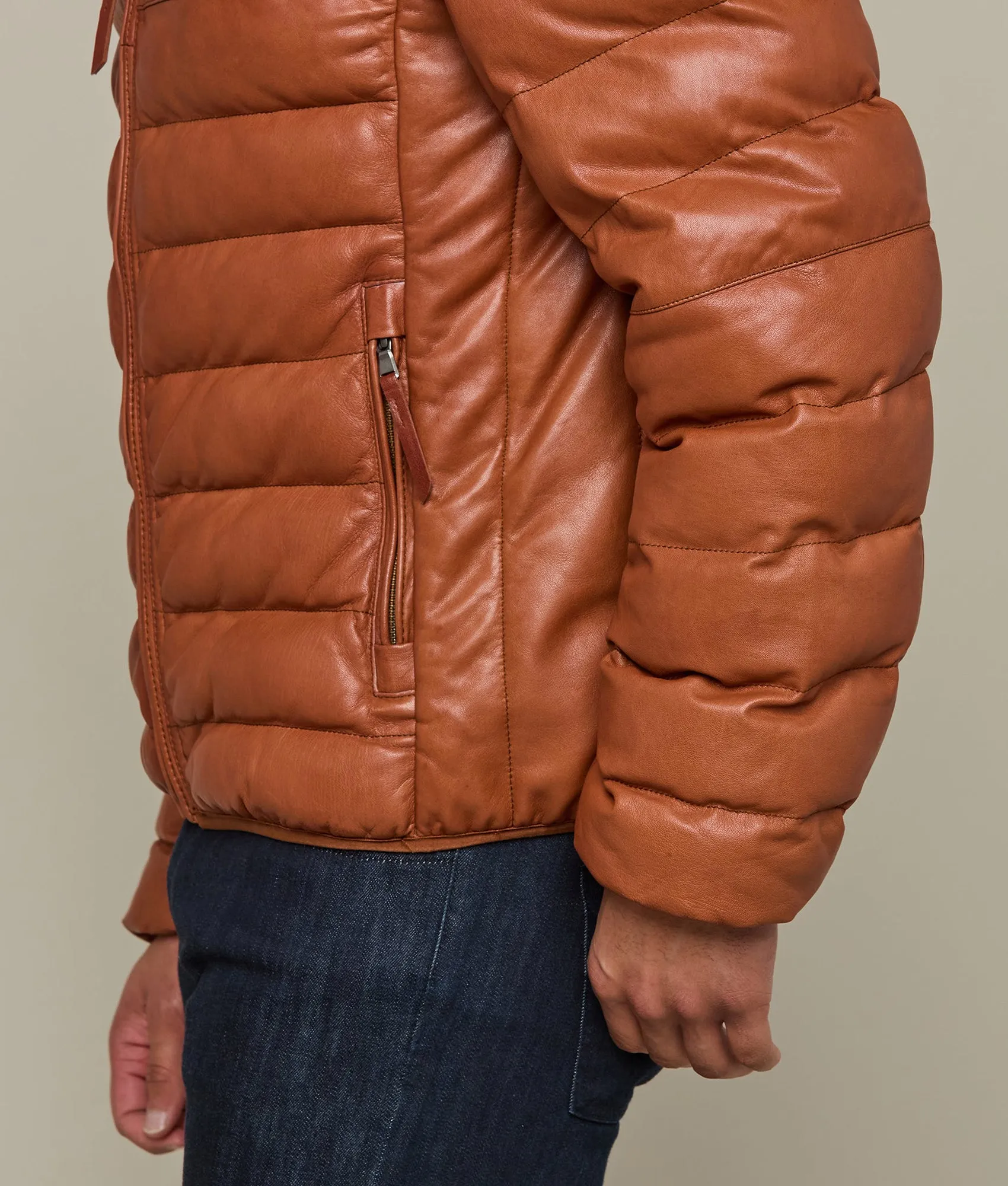 Men's Leather Puffer Jacket :: Cognac