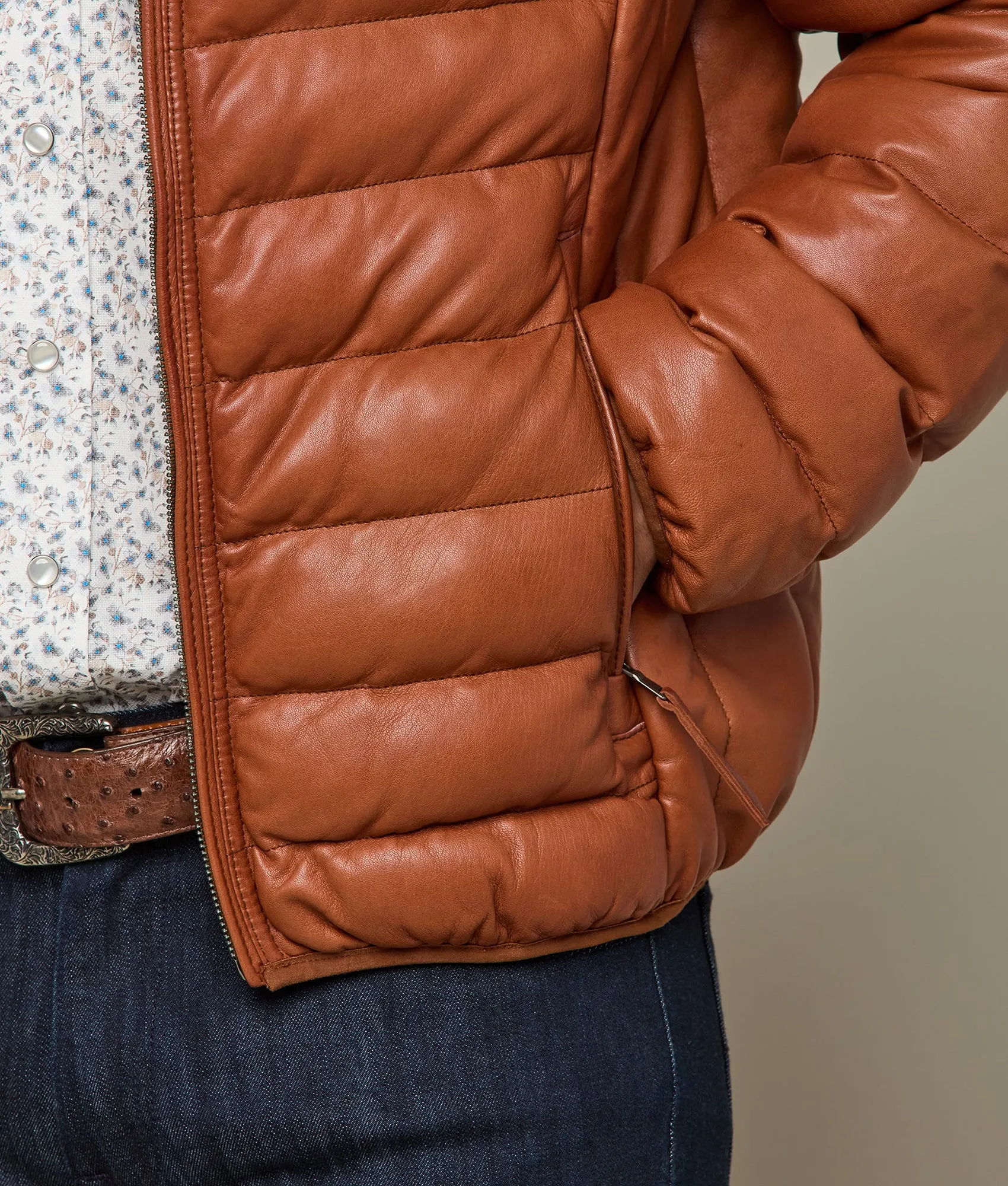 Men's Leather Puffer Jacket :: Cognac