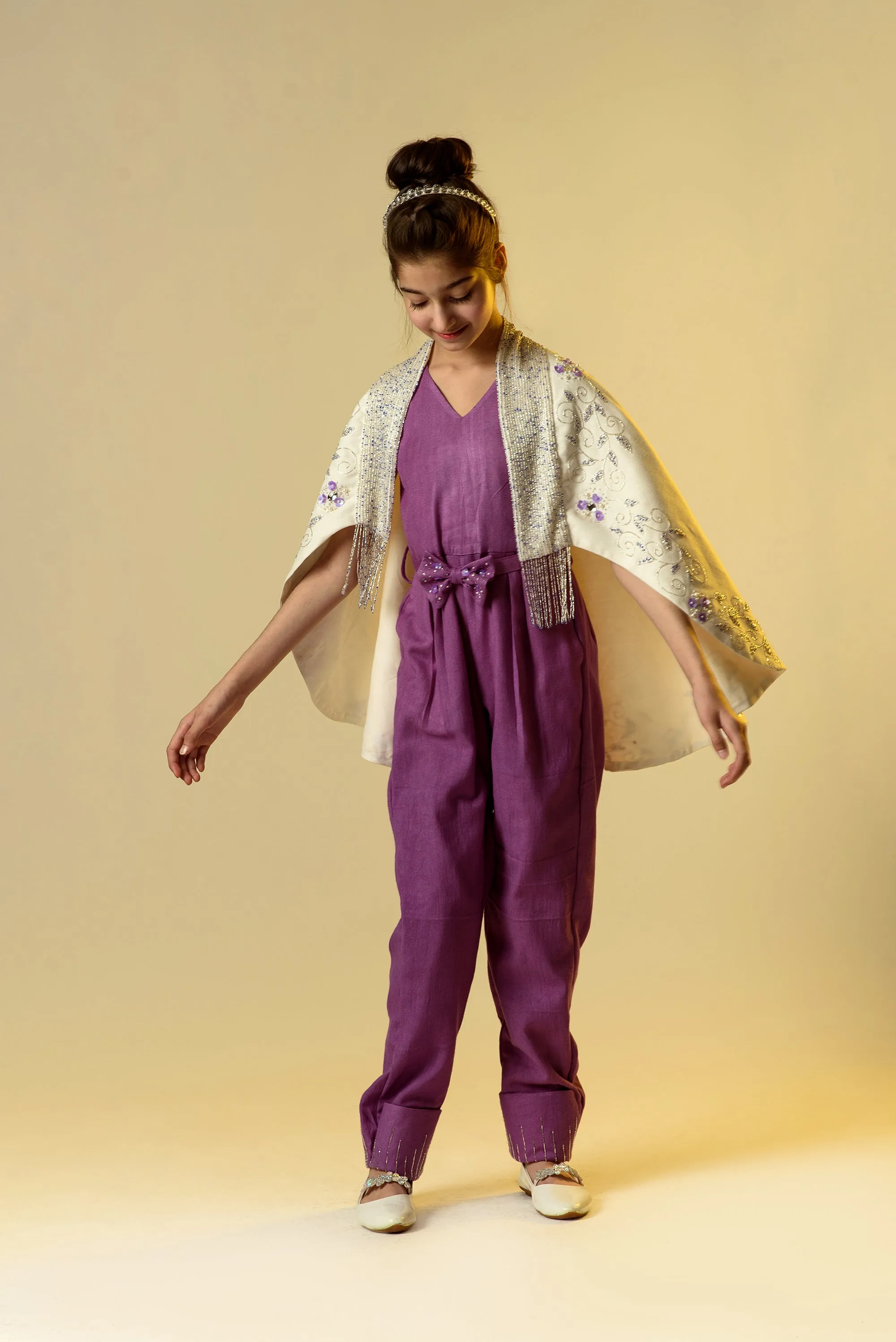 Moonbeam Glimmer- Organic Herringbone Jumpsuit With Embroidered Cape Shawl & Bow Belt For Girls