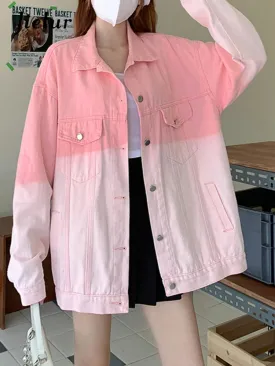 Pink Gradient Denim Coat Korean New Tie Dye Loose Long Sleeve Yellow Jacket Fashion Top Women's Coat Female Casual S-XL