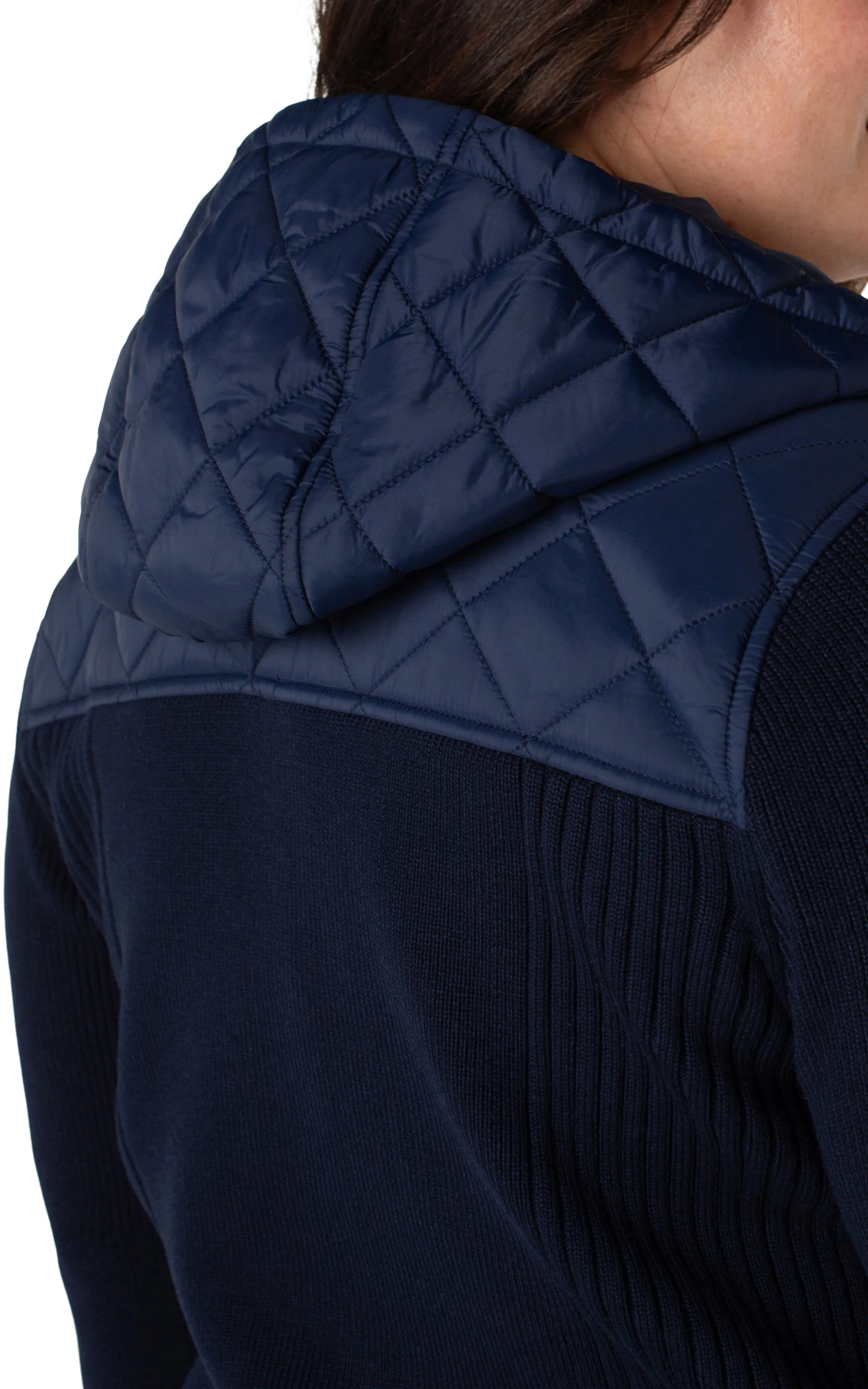 QUILTED FRONT FULL ZIP HOODED SWEATER