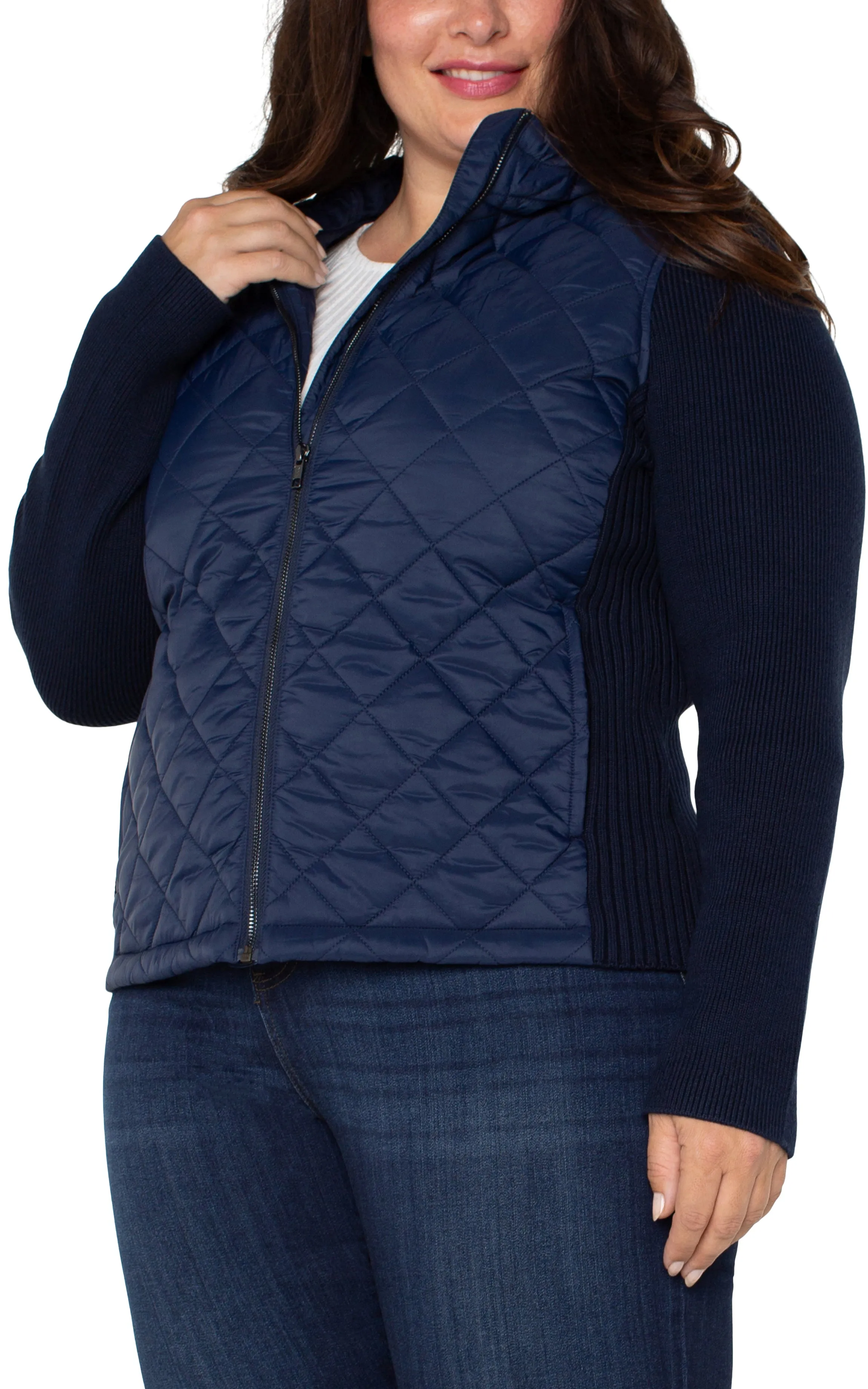 QUILTED FRONT FULL ZIP HOODED SWEATER