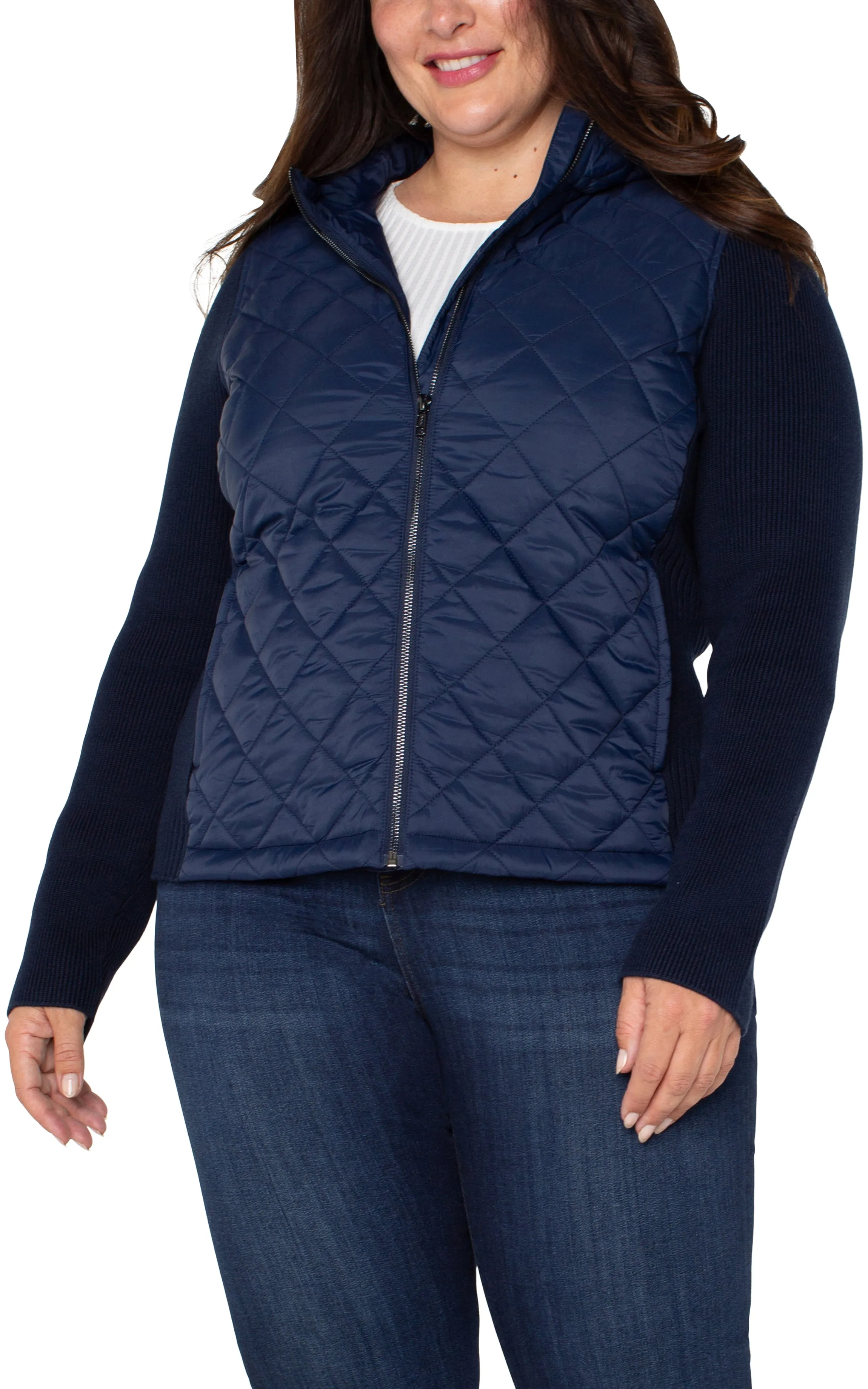 QUILTED FRONT FULL ZIP HOODED SWEATER