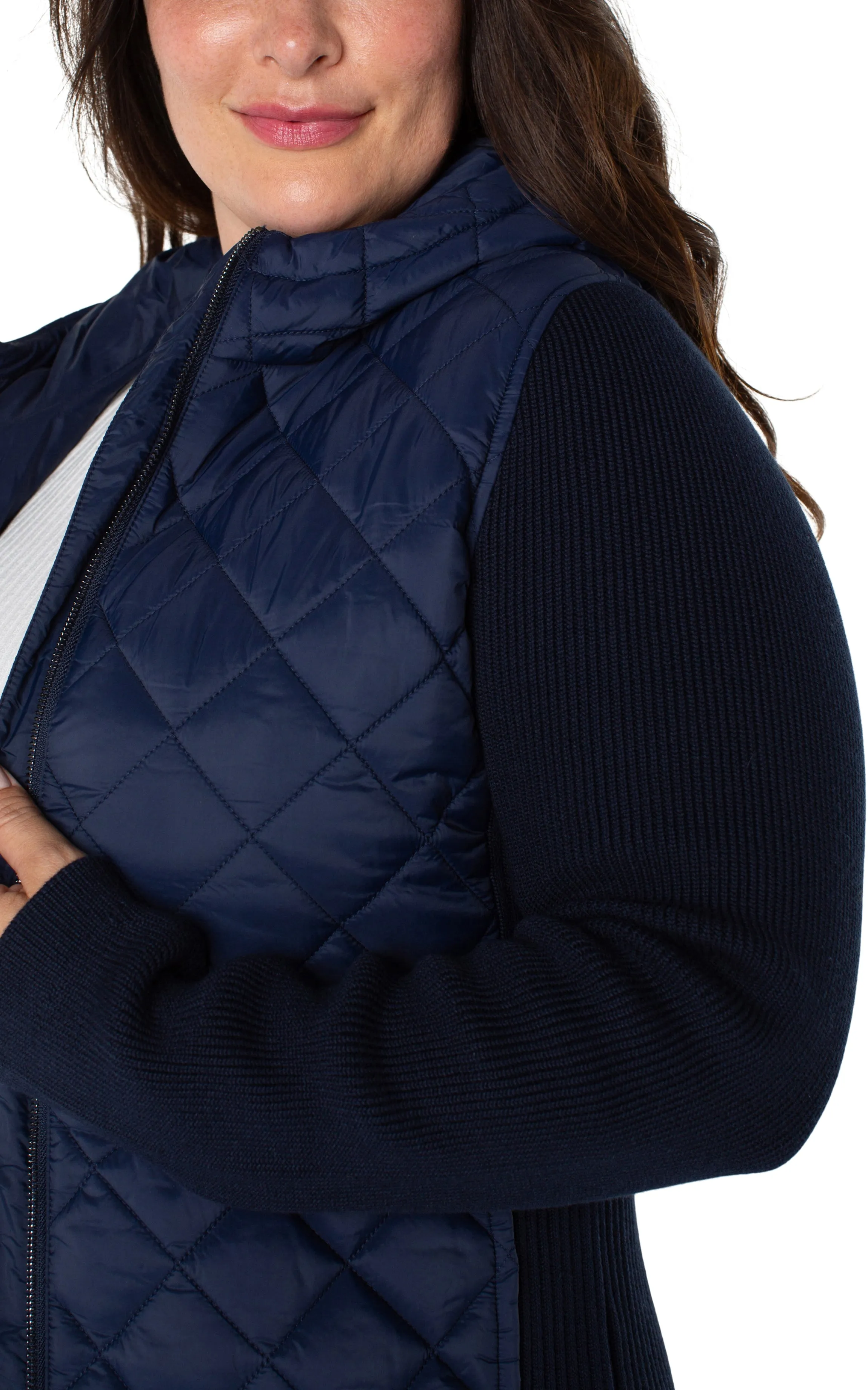 QUILTED FRONT FULL ZIP HOODED SWEATER