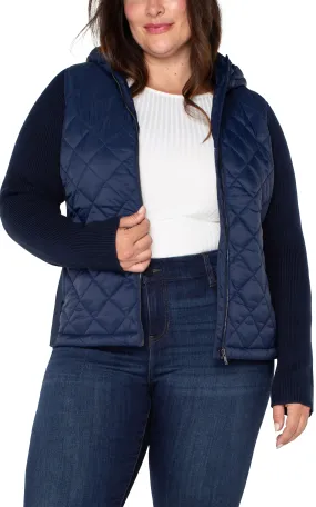 QUILTED FRONT FULL ZIP HOODED SWEATER