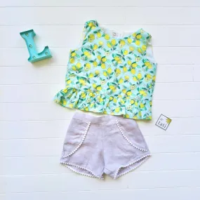 Sage Ruffle Top and Pompom Shorts