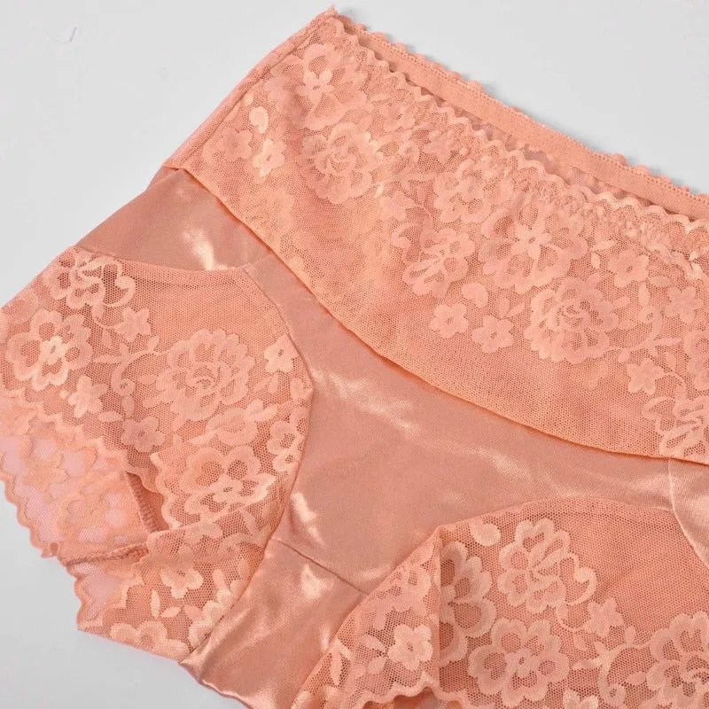 Women's High Waist Floral Lace & Silk Design Underwear