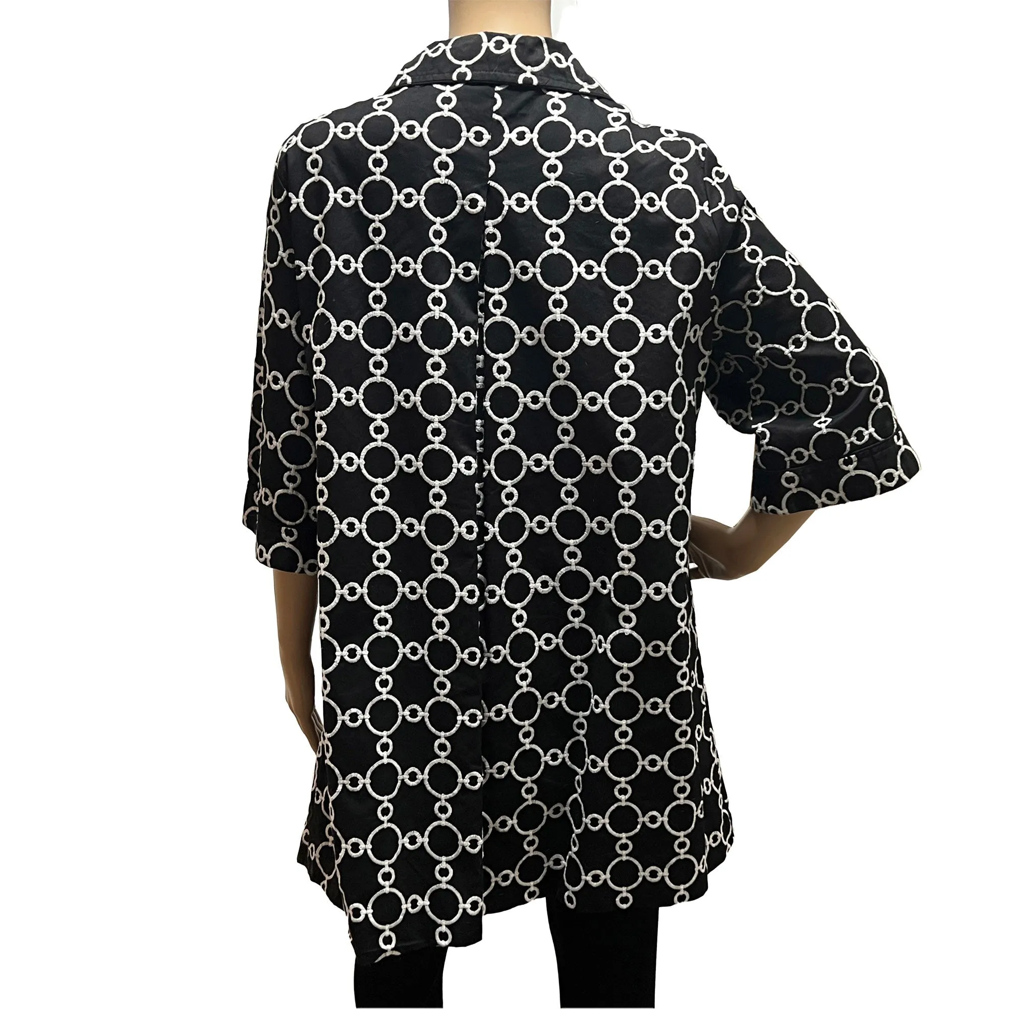 Women's Luii Black and White Embroidered Geometric Swing Jacket - Large