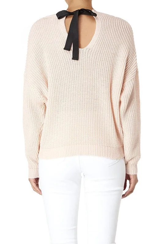 Yemak Women's Oversized Waffle Knit Sweater Pullover with Back Bow MK8224