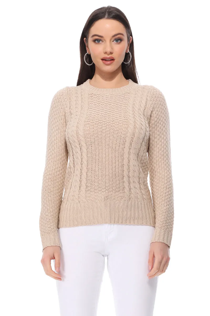 Yemak Women's Round Neck Long Sleeve Cable Knitted Sweater Pullover MK3312